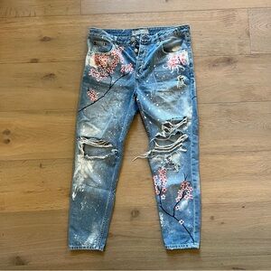 One of a Kind Cherry Blossom Distressed Jeans